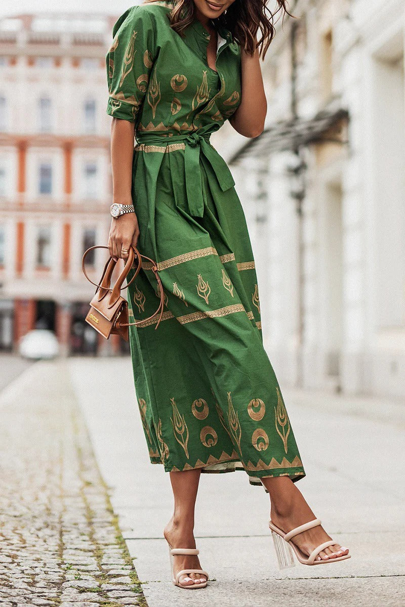 Ines | Women's Embroidered Short Sleeve Belted Midi Dress