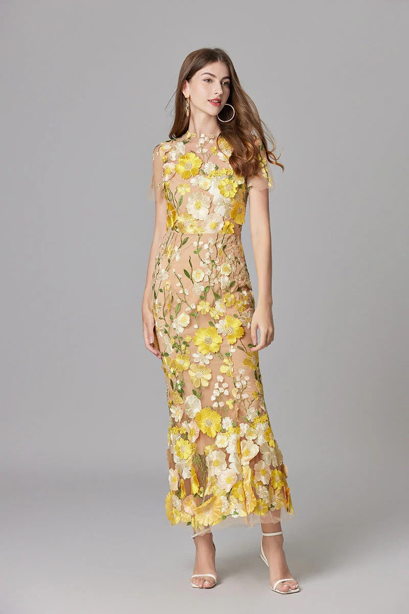 Flora | Women's 3D Floral Embroidered Sleeveless Maxi Dress