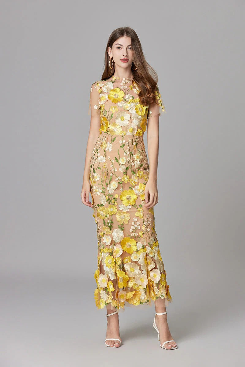 Flora | Women's 3D Floral Embroidered Sleeveless Maxi Dress
