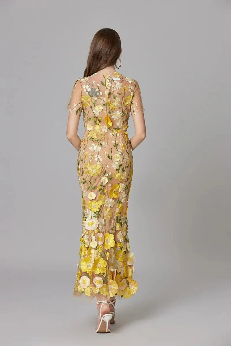 Flora | Women's 3D Floral Embroidered Sleeveless Maxi Dress