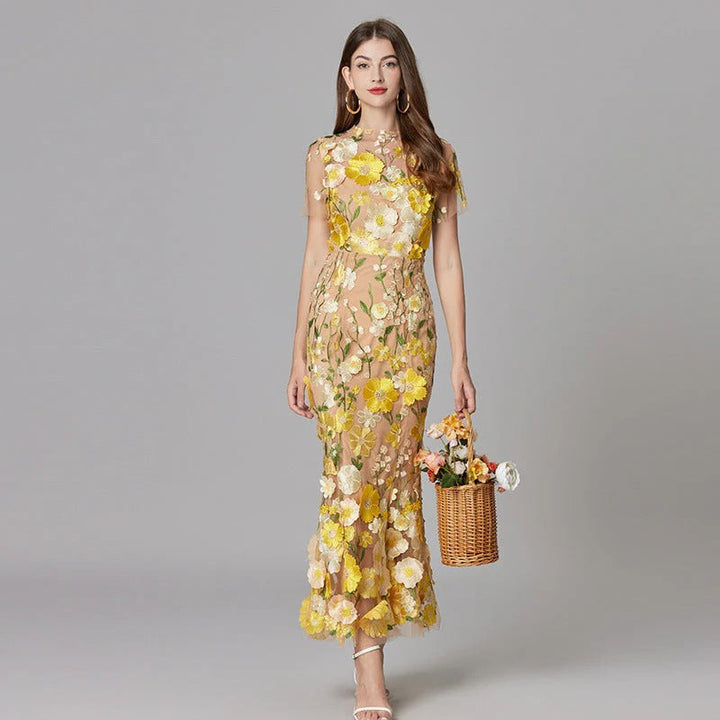 Flora | Women's 3D Floral Embroidered Sleeveless Maxi Dress