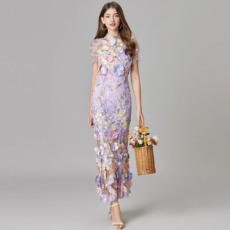 Flora | Women's 3D Floral Embroidered Sleeveless Maxi Dress
