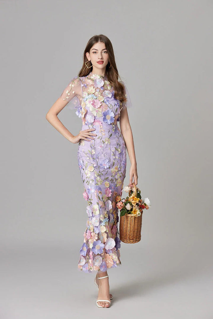 Flora | Women's 3D Floral Embroidered Sleeveless Maxi Dress