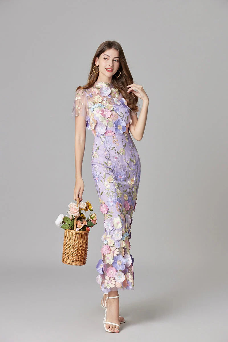 Flora | Women's 3D Floral Embroidered Sleeveless Maxi Dress