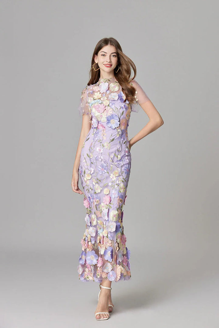 Flora | Women's 3D Floral Embroidered Sleeveless Maxi Dress