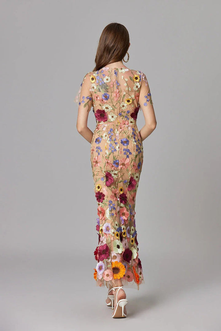 Flora | Women's 3D Floral Embroidered Sleeveless Maxi Dress
