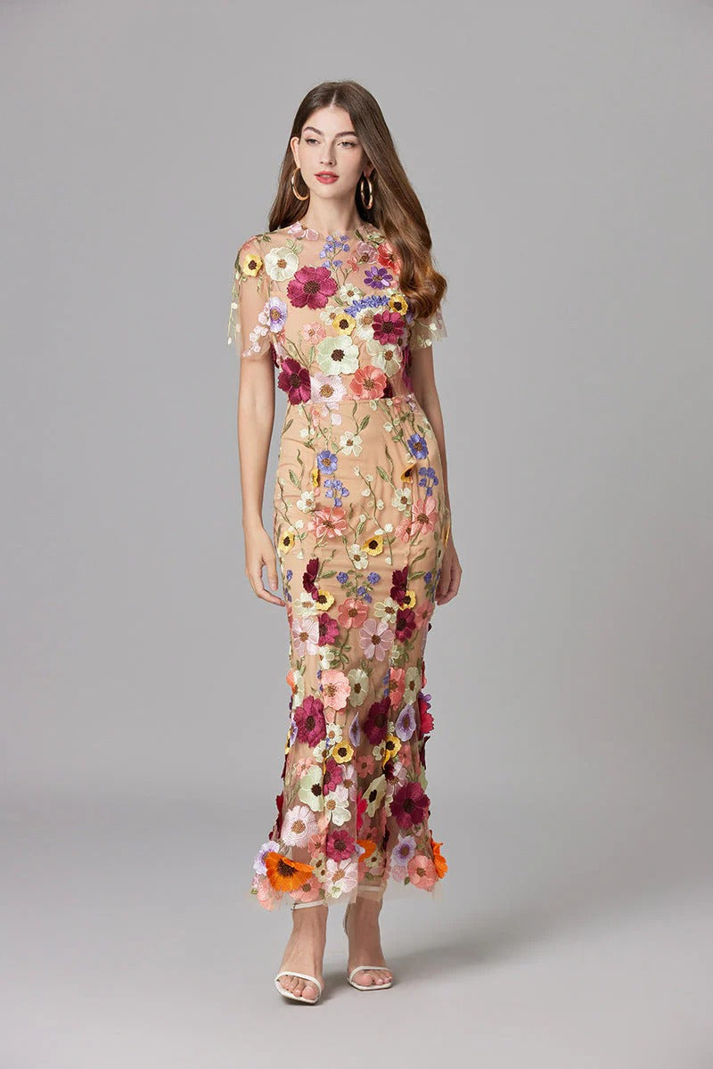 Flora | Women's 3D Floral Embroidered Sleeveless Maxi Dress