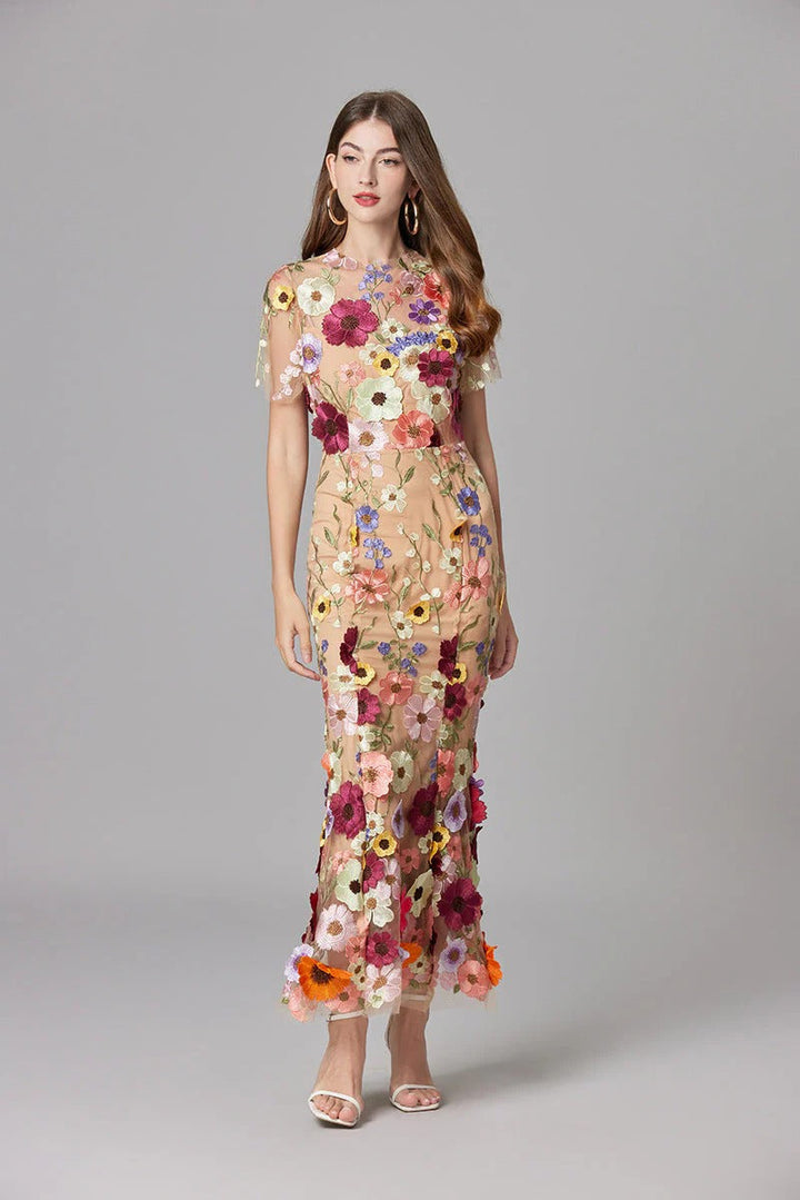 Flora | Women's 3D Floral Embroidered Sleeveless Maxi Dress