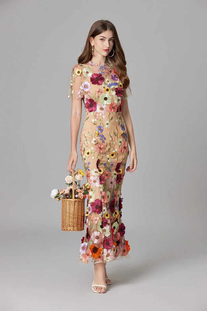 Flora | Women's 3D Floral Embroidered Sleeveless Maxi Dress