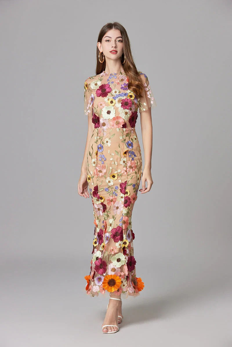 Flora | Women's 3D Floral Embroidered Sleeveless Maxi Dress