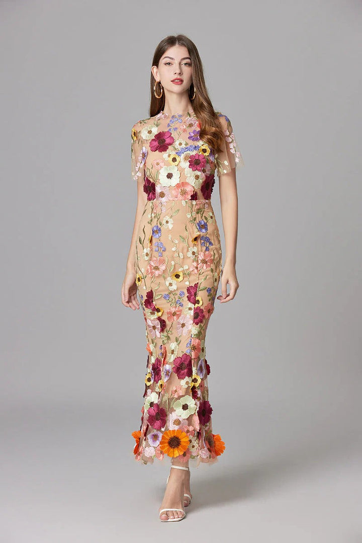 Flora | Women's 3D Floral Embroidered Sleeveless Maxi Dress