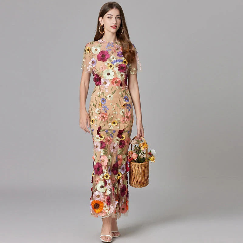 Flora | Women's 3D Floral Embroidered Sleeveless Maxi Dress