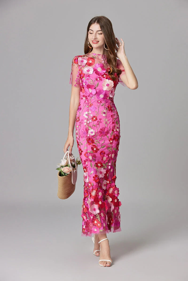 Flora | Women's 3D Floral Embroidered Sleeveless Maxi Dress