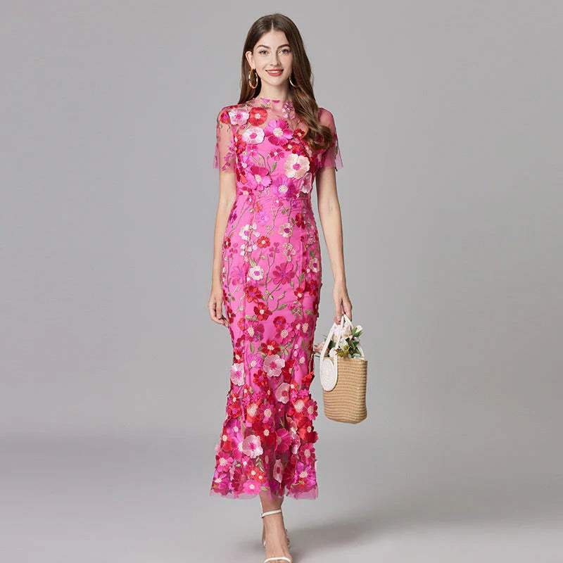 Flora | Women's 3D Floral Embroidered Sleeveless Maxi Dress