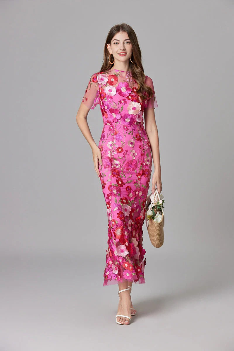 Flora | Women's 3D Floral Embroidered Sleeveless Maxi Dress
