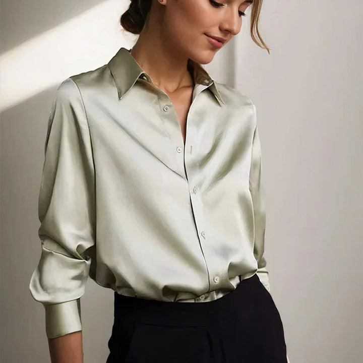 Luna | Women's Satin Long Sleeve Button Down Shirt Blouse