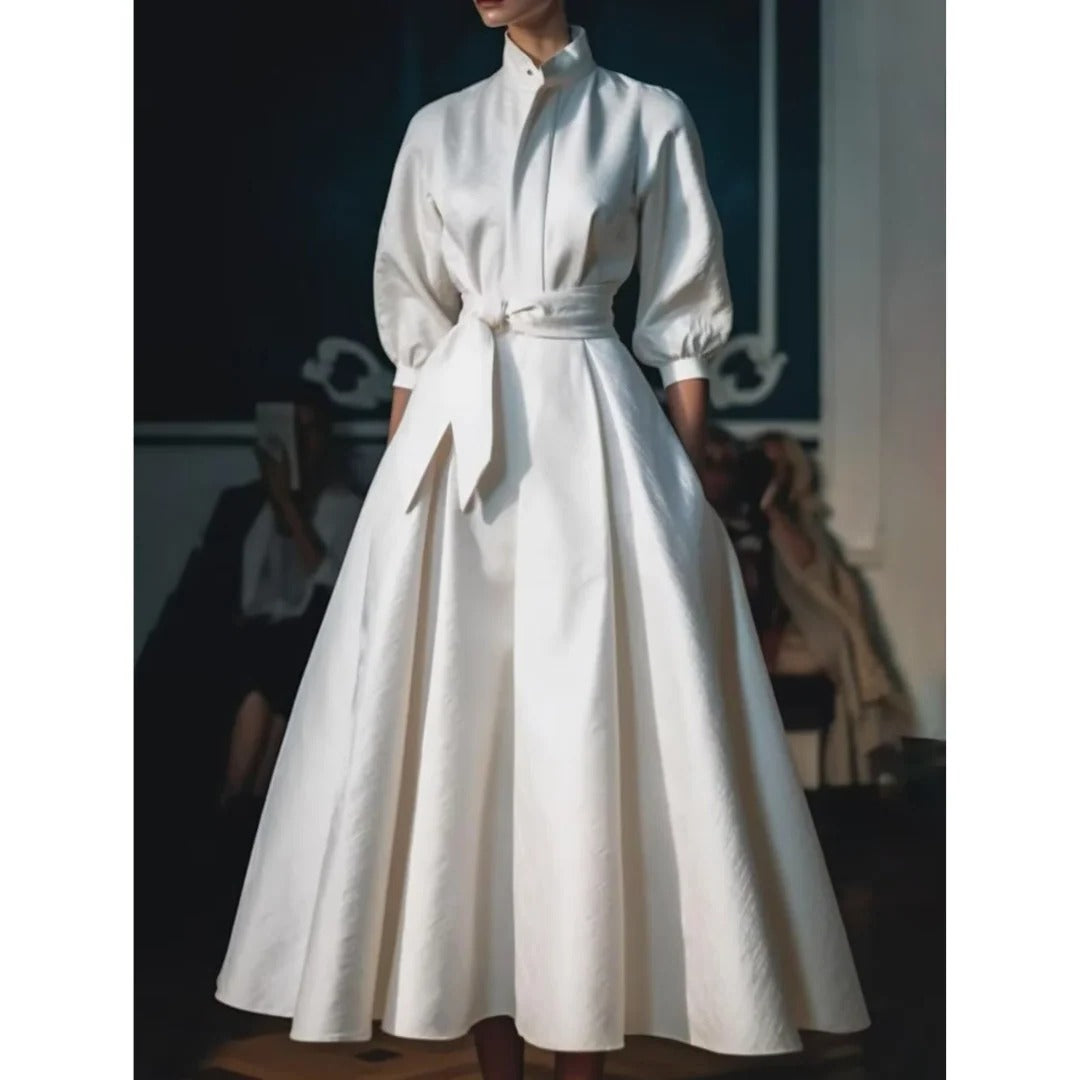 Grace | Women's Wrap Shirt Collar Midi Dress Bow Tie Waist