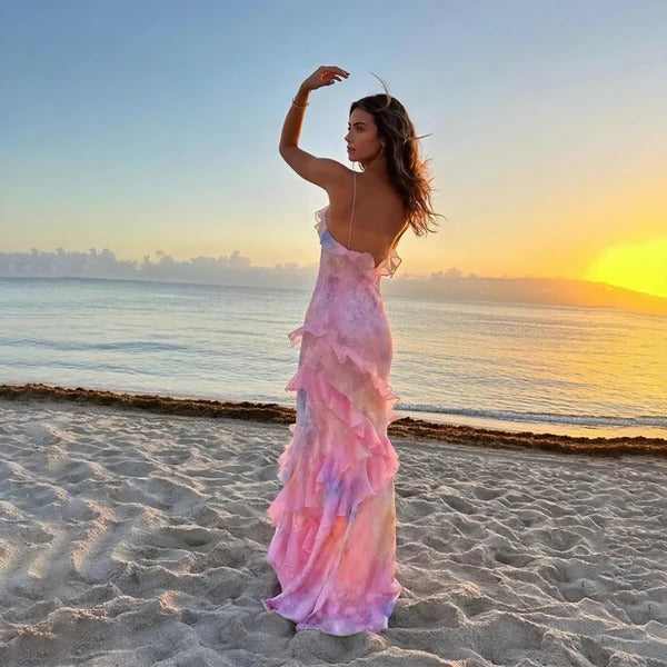 Mila | Women's Floral Ruffle Spaghetti Strap Maxi Dress Summer