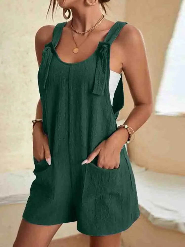 Poppy | Women's Tie Strap Sleeveless Linen Romper with Pockets