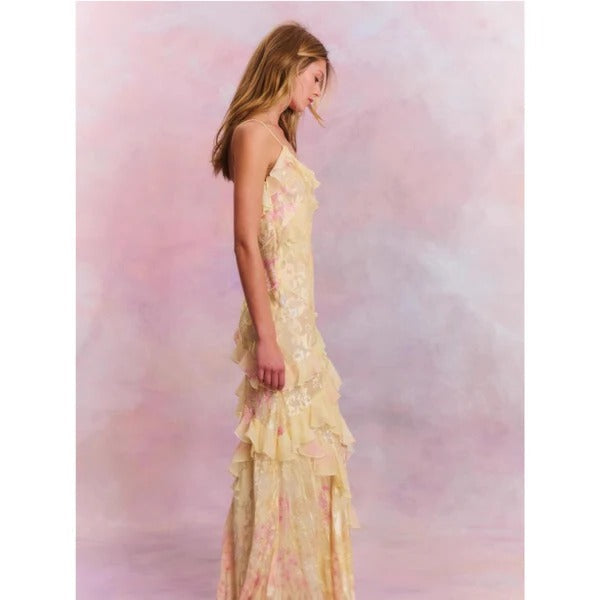 Mila | Women's Floral Ruffle Spaghetti Strap Maxi Dress Summer