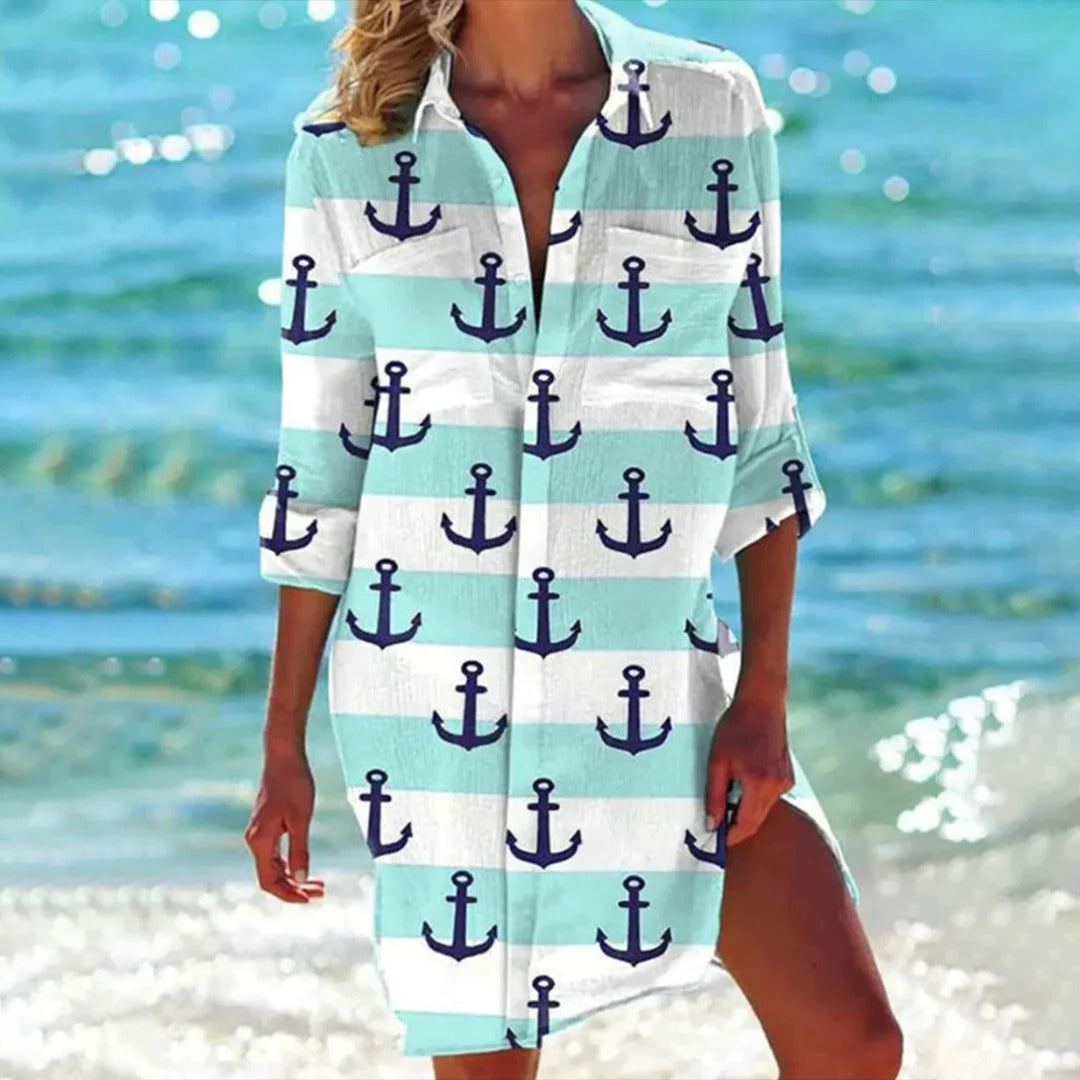 Lola | Women's Printed Long Sleeve Beach Cover Up Shirt Dress
