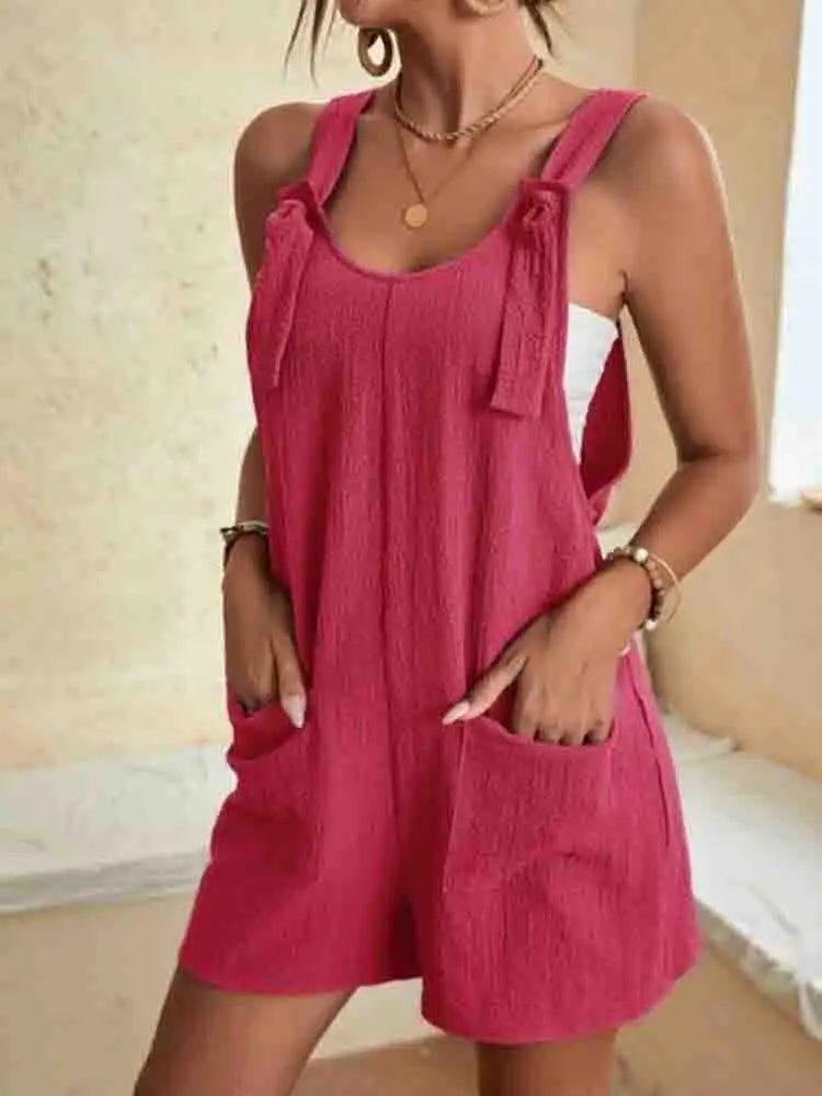 Poppy | Women's Tie Strap Sleeveless Linen Romper with Pockets