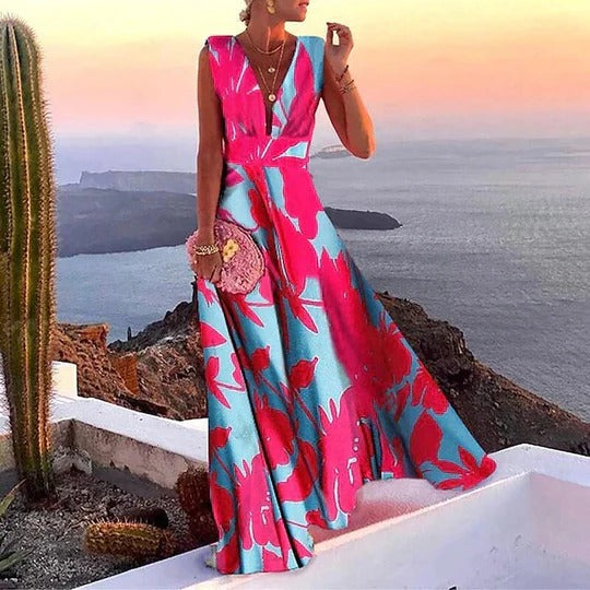 Sofia | Women's V-Neck Sleeveless Fitted Waist Maxi Dress