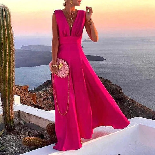 Sofia | Women's V-Neck Sleeveless Fitted Waist Maxi Dress