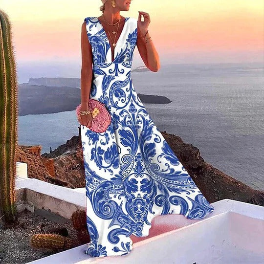 Sofia | Women's V-Neck Sleeveless Fitted Waist Maxi Dress