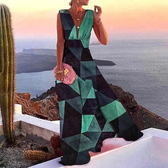 Sofia | Women's V-Neck Sleeveless Fitted Waist Maxi Dress