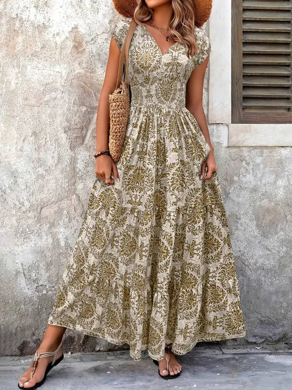 Lena | Women's Boho Smocked Waist V-Neck Tiered Maxi Dress