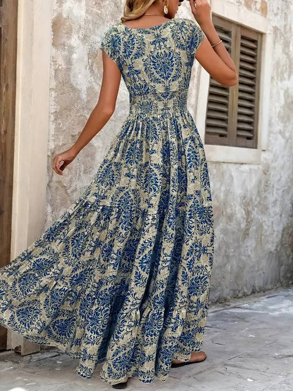 Lena | Women's Boho Smocked Waist V-Neck Tiered Maxi Dress