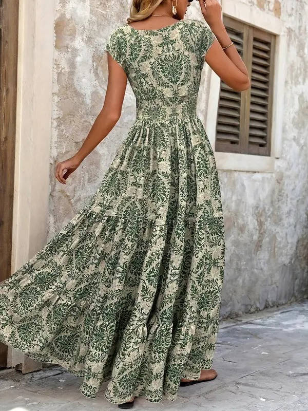 Lena | Women's Boho Smocked Waist V-Neck Tiered Maxi Dress