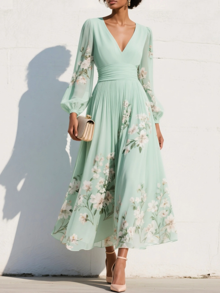 Iphigenia | Women's Floral V-Neck Long Sleeve Midi Dress