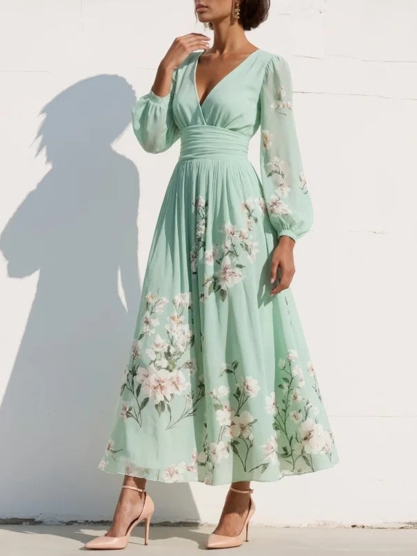 Iphigenia | Women's Floral V-Neck Long Sleeve Midi Dress