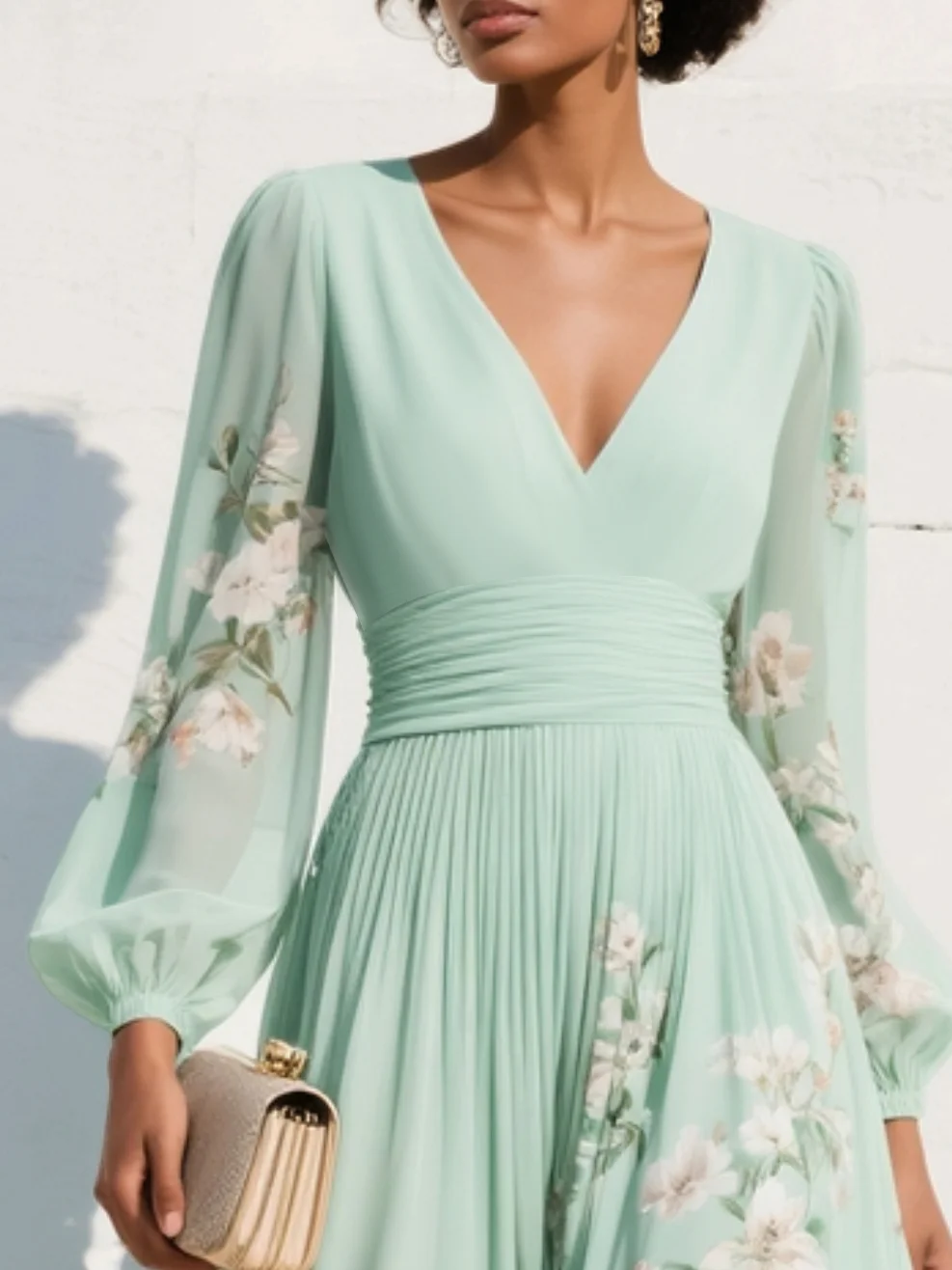 Iphigenia | Women's Floral V-Neck Long Sleeve Midi Dress