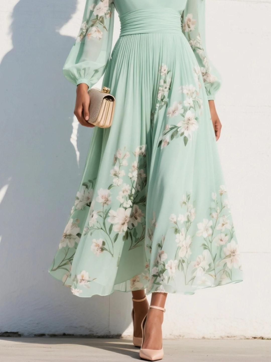 Iphigenia | Women's Floral V-Neck Long Sleeve Midi Dress