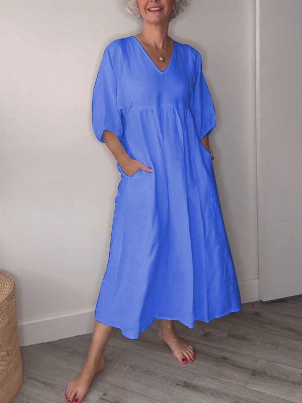 Lucy | Casual V-Neck Midi Dress with Pockets
