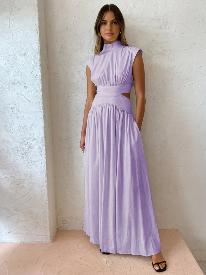 Hana | Women's Mock Neck Cut Out Sleeveless Pleated Maxi Dress