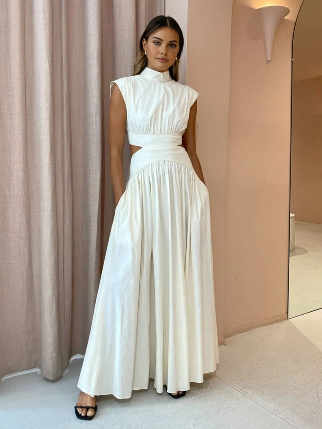 Hana | Women's Mock Neck Cut Out Sleeveless Pleated Maxi Dress
