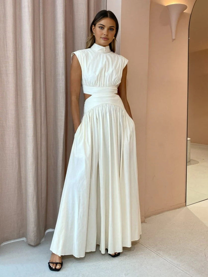 Hana | Women's Mock Neck Cut Out Sleeveless Pleated Maxi Dress