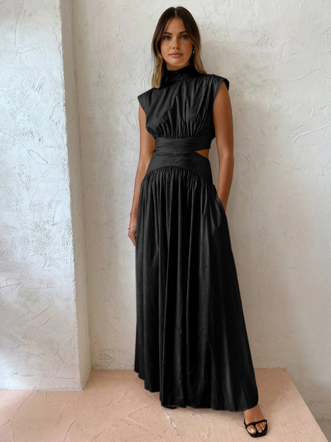 Hana | Women's Mock Neck Cut Out Sleeveless Pleated Maxi Dress