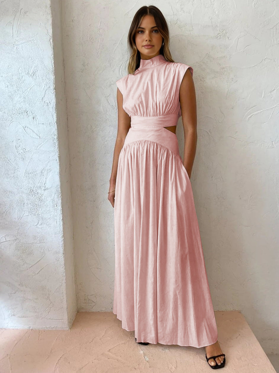 Hana | Women's Mock Neck Cut Out Sleeveless Pleated Maxi Dress