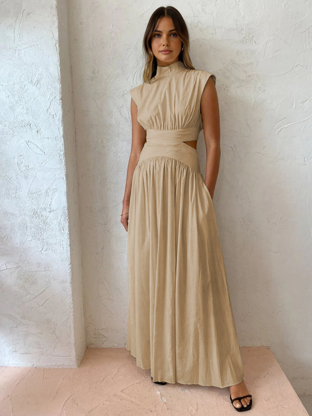 Hana | Women's Mock Neck Cut Out Sleeveless Pleated Maxi Dress