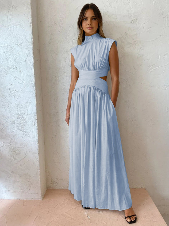 Hana | Women's Mock Neck Cut Out Sleeveless Pleated Maxi Dress
