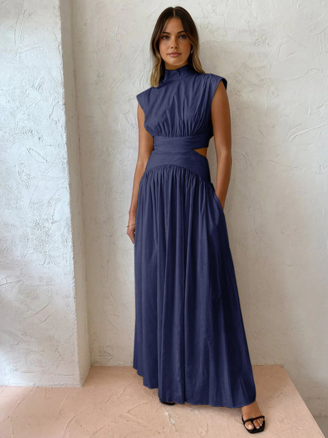 Hana | Women's Mock Neck Cut Out Sleeveless Pleated Maxi Dress