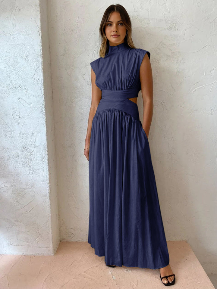 Hana | Women's Mock Neck Cut Out Sleeveless Pleated Maxi Dress