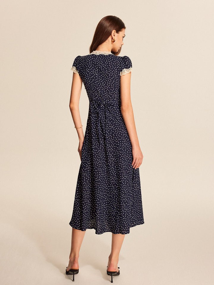 Dotty | Women's Polka Dot V-Neck Lace Trim Midi Dress Cap Sleeve