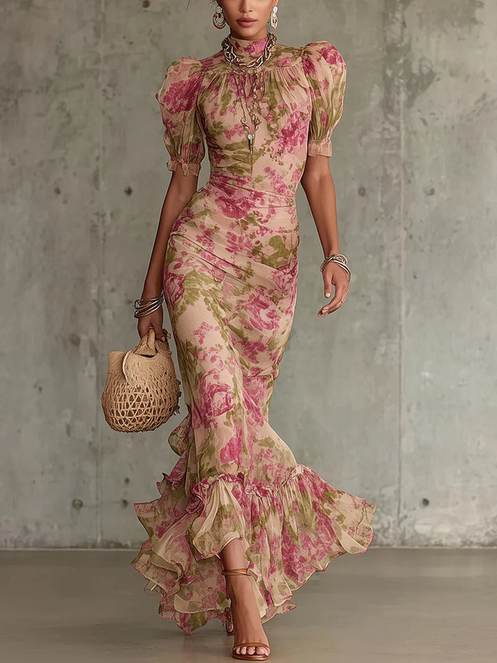 Rosalyn | Women's Floral Mock Neck Puff Sleeve Maxi Dress