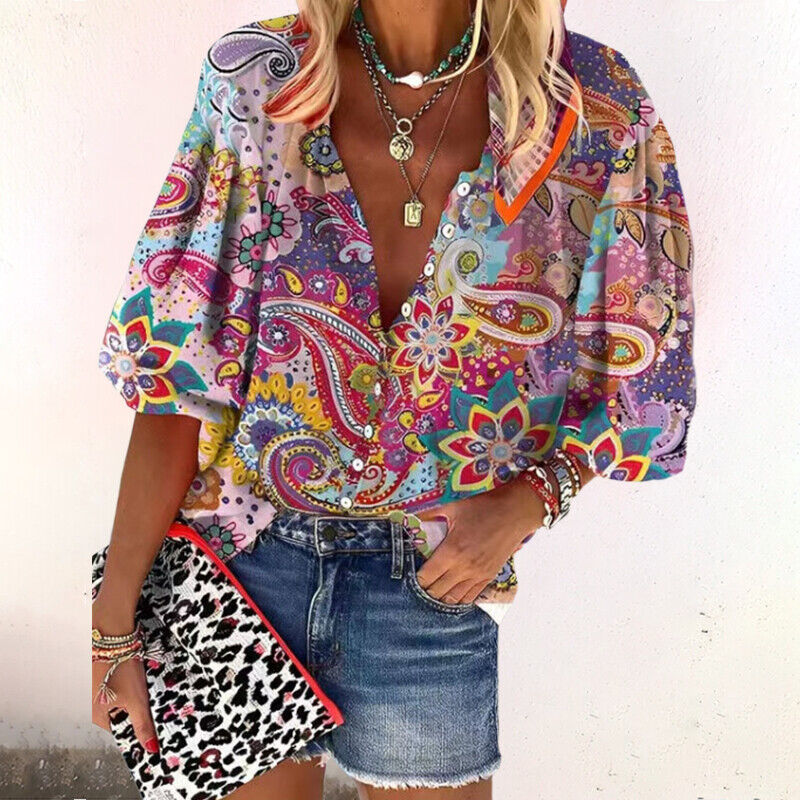 Isla | Women's Boho Print V-Neck Blouse with Bell Sleeves